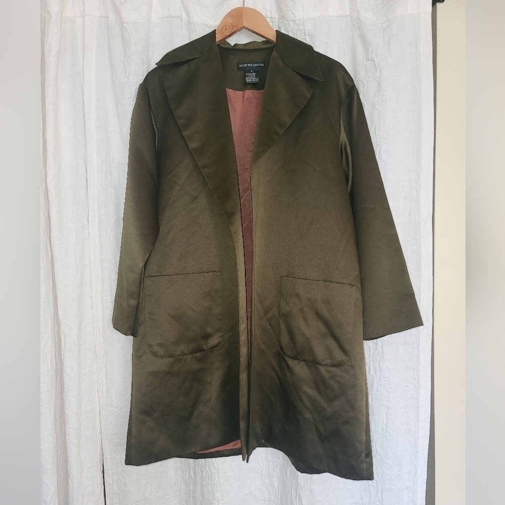 Andrea Jovine Satin Coat Olive Green Open Front Jacket Size 6